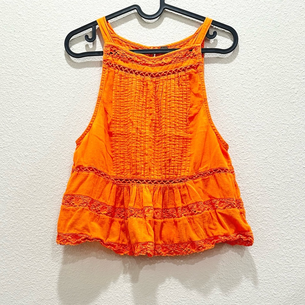 Pre-loved! FREE PEOPLE Orange Pleated Front Crochet Detail Tank Top!